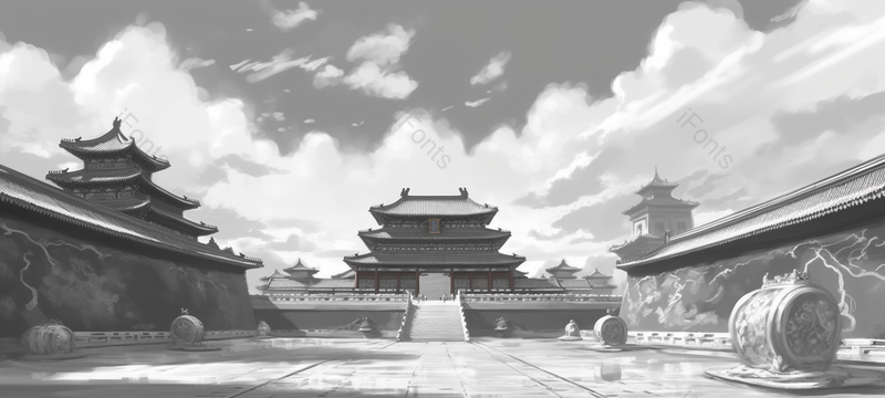 复古风黑白色中国故宫建筑午门空旷无人的广场国庆节插画,插画/手绘图,插画/手绘图库,插画/手绘图下载,插画/手绘